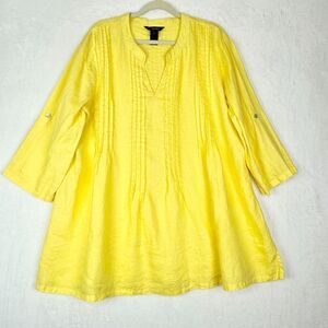 Ali Miles Linen Tunic Size XL Butter Yellow Pintuck Roll Tab Sleeve Coastal